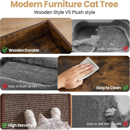 Modern Wood Cat Tree Tower for Indoor Large Cats, 33.8-Inch Tall Wooden Cat Trees with Big Perch Bed, Cat Scratching Pads, Washable Removable Cushions and Scratching Mat, Cat Furniture, Rustic Brown