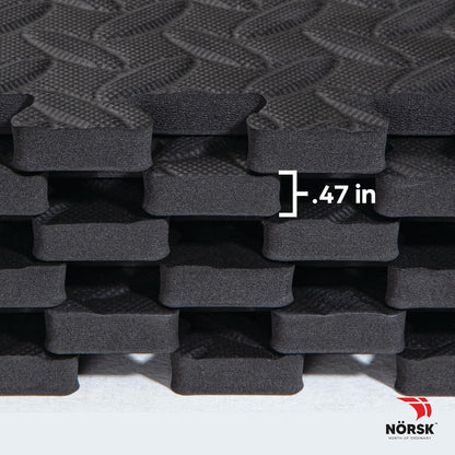 Norsk Foam Floor Gym Mats with Interlocking Tiles, .47" Thick, 24"x24", 48-Pack, 192 Square Feet, Diamond Plate Design, Black