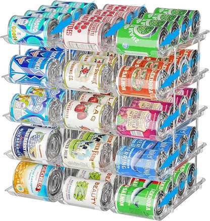 Stackable 5 Tiers Can Organizer Pantry, Canned Food Holder for Fridge Holds 60 Cans, Free Combination & Automatic Rolling, Space Saving Storage for Refrigerator Kitchen Pantry, Clear