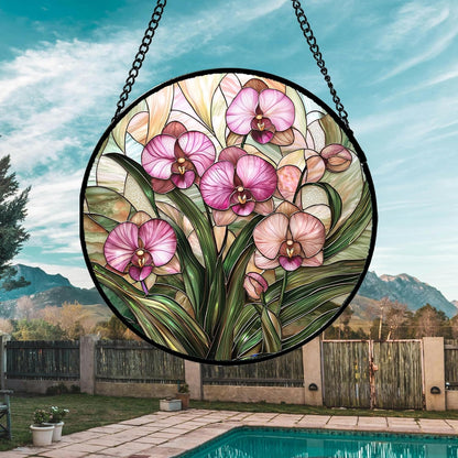 Stained Glass Window Hanging - Pink Phalaenopsis Orchid Green Leaves Sun Catcher for Door Home Decor Flower Suncatcher Christmas Mother's Day Birthday Gifts for Women Men Mom Nana 11.8 in
