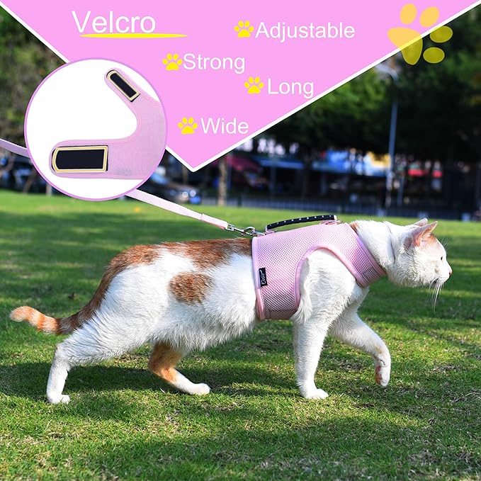 Cat Harness and Leash for Walking Escape Proof Breathable Mesh Fabric, Solid Pink, Extra Large, Adjustable Cat Walking Jackets with Handle, Padded Stylish Cat Vest