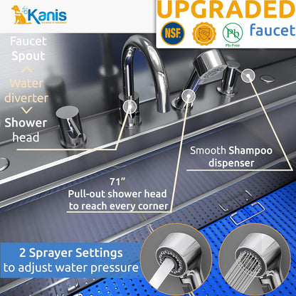 KANIS Professional Dog Washing Station - 304 Stainless Steel Pet Wash Sink & Grooming Bath Tub for Home with Ramp, Shower, Floor Grate, Storage Drawer, Faucet, Drain Kit for Large, Medium & Small Pets
