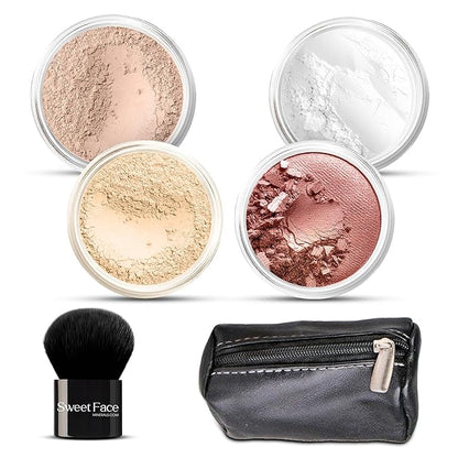 6pc FULL SIZE KIT KABUKI & KABAGGIE Tote Mineral Makeup Set Matte Foundation Bare Face Sheer Powder Cover (Light)