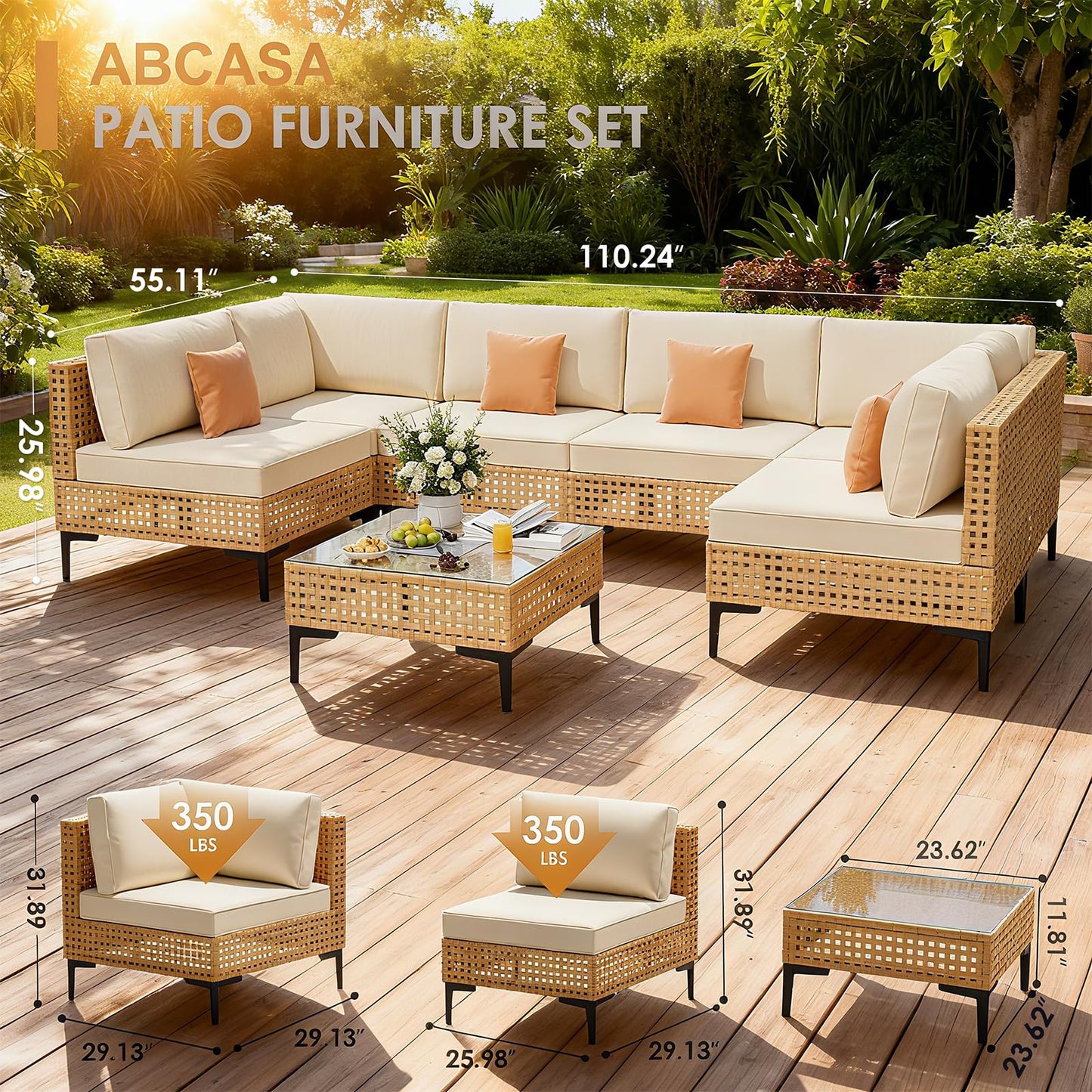 ABCASA Patio Furniture Set, 110" Large 7-Piece Wicker Outdoor Patio Furniture Sets with Coffee Table,Boho Patio Conversation Set Sectional Sofa with All-Weather Cushions for Backyard,Porch,Beige