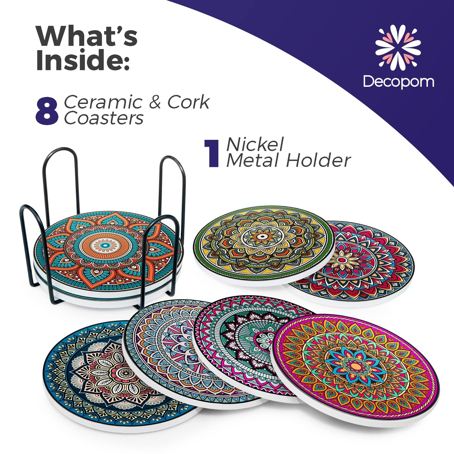 Mandala Drink Coasters with Holder - 8 Set Ceramic Boho Coaster for Drinks Absorbent with Cork Base and Black Holder - Coasters for Coffee Table Apartment Wooden Bar Mugs Glasses Cup Beer