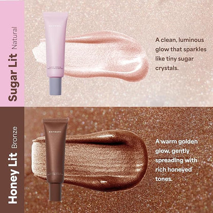 ENTROPY MAKEUP Glow Serum Body Highlighter, 75% Water-Rich Serum with Skincare Ingrediants, Buildable Radiance, Silky Lightweight for Face & Body, Soft Golden Beige Bronzer, Honey Lit