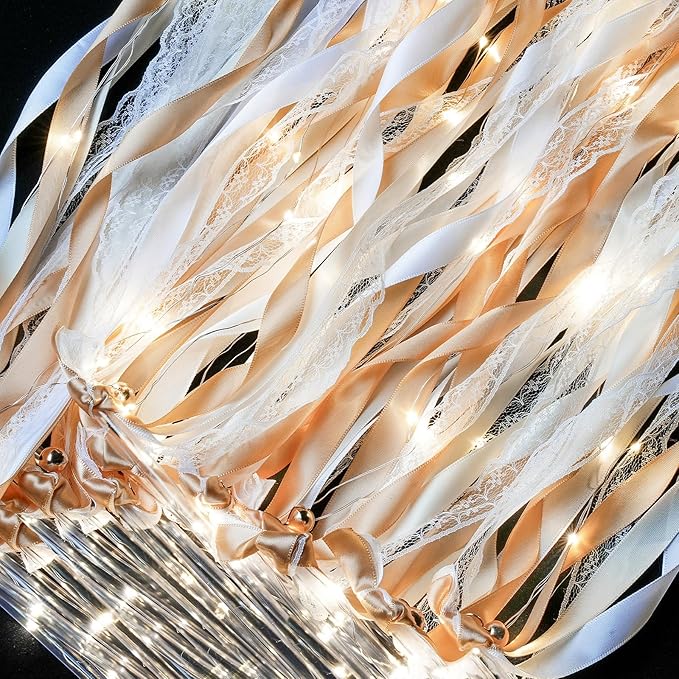 Unittype Wedding Wands Ribbon Streamers with Bells LED Fairy Light up Silk Fairy Wand Glow in the Dark Flashing Lace Stick for Wedding Birthday Party Favors (Champagne & Warm White LED,48 Pieces)