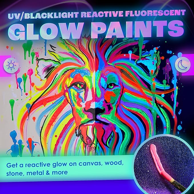 Glow in the Dark Paint - Pack of 8 Multi-Surface UV Paint Set - UV & Blacklight Activated, Self Luminous, 20mL - Perfect for Halloween and Holiday Decor, Easter Egg Painting Decoration