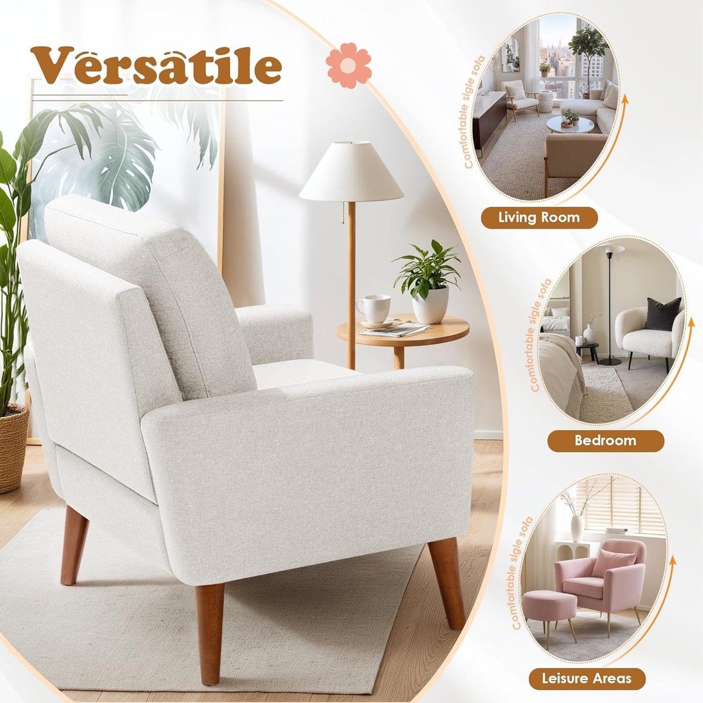 Mid Century Accent Chair, Fabric Modern Reading Living Room Chair, Fluffy Comfy Armchair Small Sofa Chair with Wood Legs for Bedroom Office Cafe, Set of 2 (Pure White)