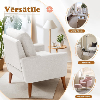 Mid Century Accent Chair, Fabric Modern Reading Living Room Chair, Fluffy Comfy Armchair Small Sofa Chair with Wood Legs for Bedroom Office Cafe, Set of 2 (Pure White)