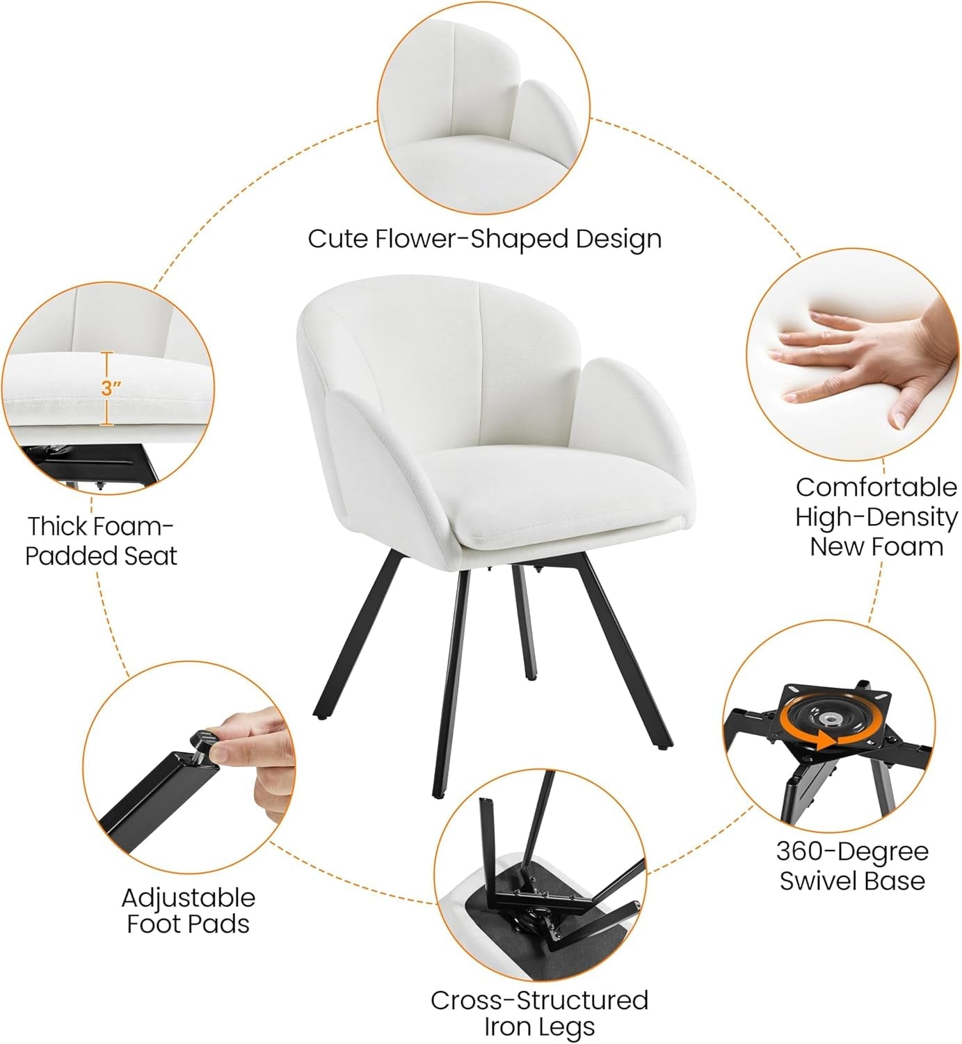 Swivel Accent Chair, Flower Chenille Armchair, Vanity Chair Side Chair with 360-Degree Swivel Base and Seat Cushion for Living Room/Bedroom/Home Office/Makeup, White
