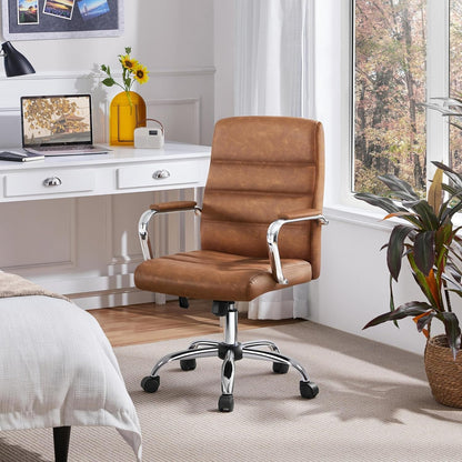 Mid-Back Office Chair with Arms Swivel PU Leather Height Adjustable Office Executive Chair, Retro Brown