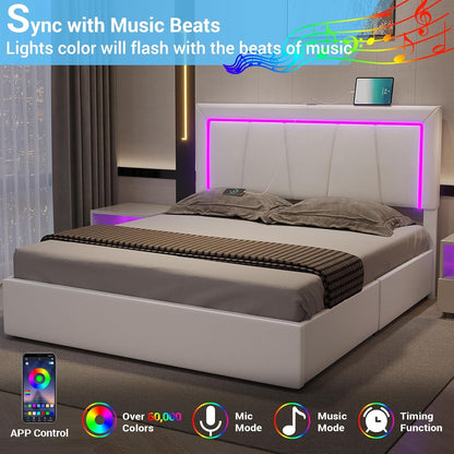 Queen Bed Frame with 4 Storage Drawers and LED Lights, Faux Leather Upholstered Platform Bed Frame Queen Size with USB Ports & Adjustable LED Headboard, No Box Spring Needed, Noise Free, White