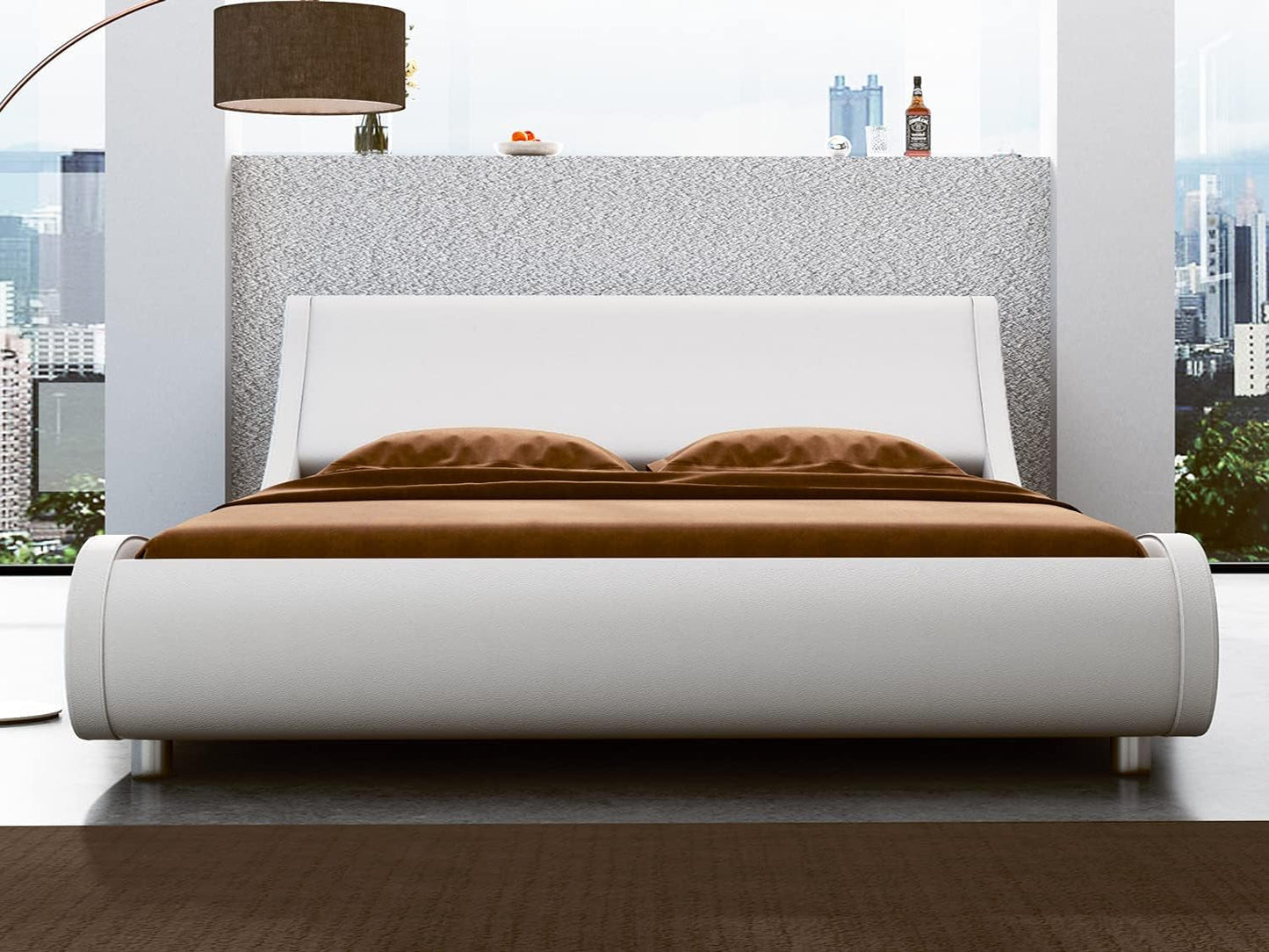 Modern Low Profile Platform Bed Frame Queen Size, Stylish Faux Leather Upholstered Sleigh Bed with Adjustable Headboard, No Box Spring Needed, White
