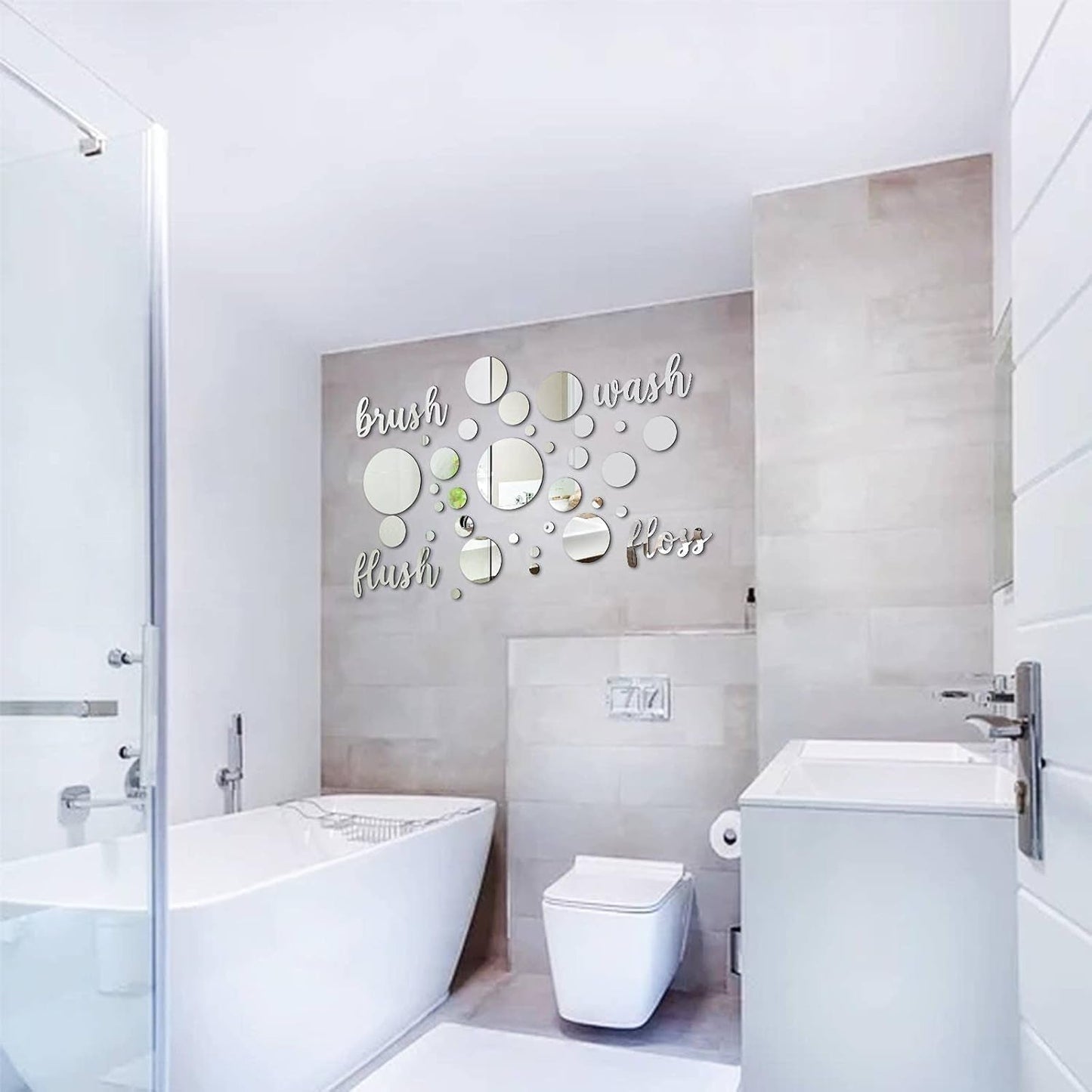30 Pcs Bathroom Wall Decals Brush Wash Flush Floss Stickers 3D round Mirrors Wall Decal Self Adhesive DIY Acrylic Mirror Decor Beautiful Art Words Decor for Home Bedroom (Silver)