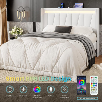 Full Size Bed Frame with Charging Station and LED Lights, Modern Velvet Platform Bed with Upholstered Geometric Wingback Headboard, No Box Spring Needed, Easy Assembly, White