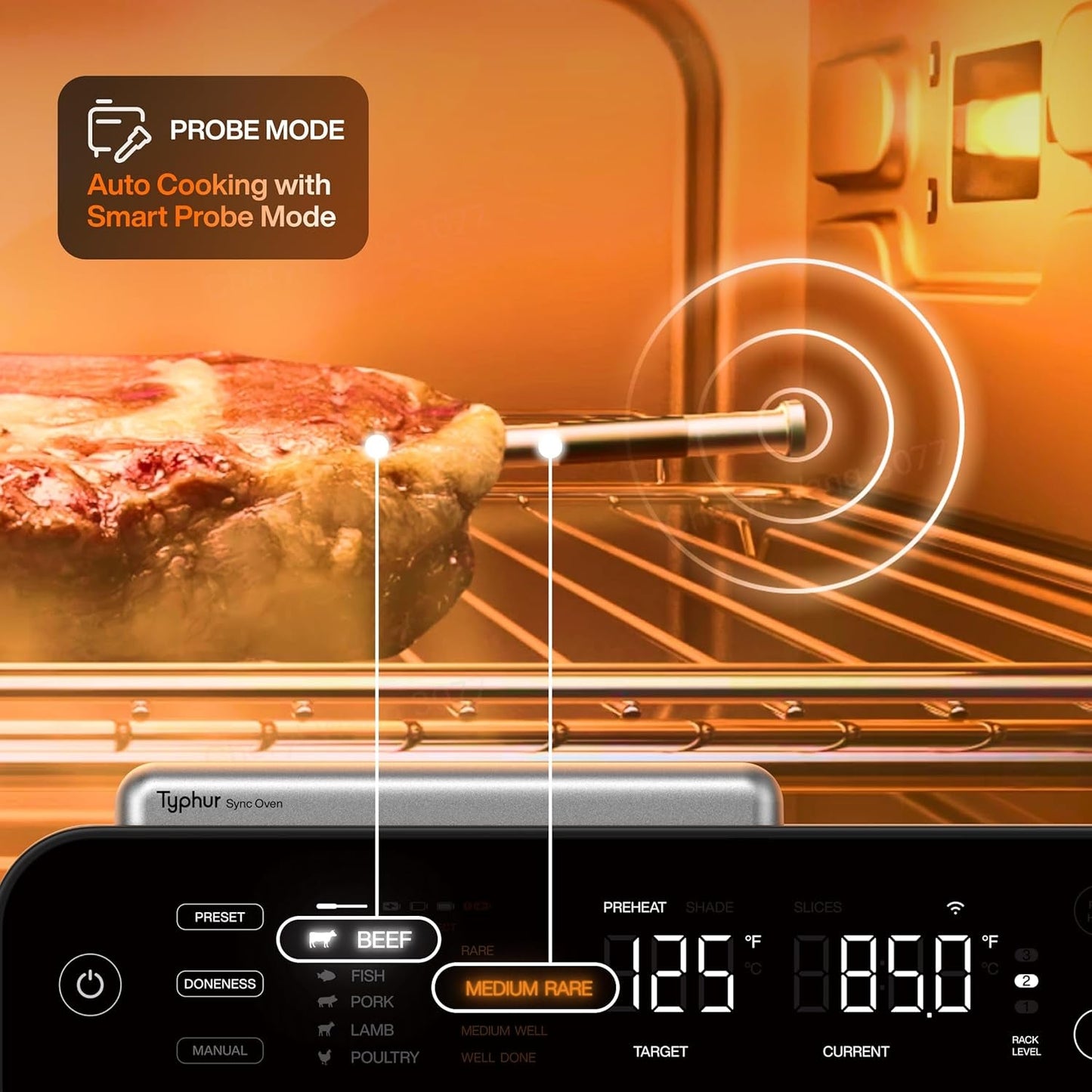 Sync Oven with Smart Wireless Meat Thermometer Probe, 12‑In‑1 Countertop Air Fryer Toaster Oven Combo, 360° Turbo Convection, Dehydrator, Recipes & 5 Accessories, Large 27QT, Stainless Steel