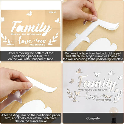 Mirror Family Wall Letter Quotes Decor 3D Acrylic Wall Decal Stickers DIY Removable Art Decals Motivational Butterfly Mural Stickers for Home Decor(Silver)