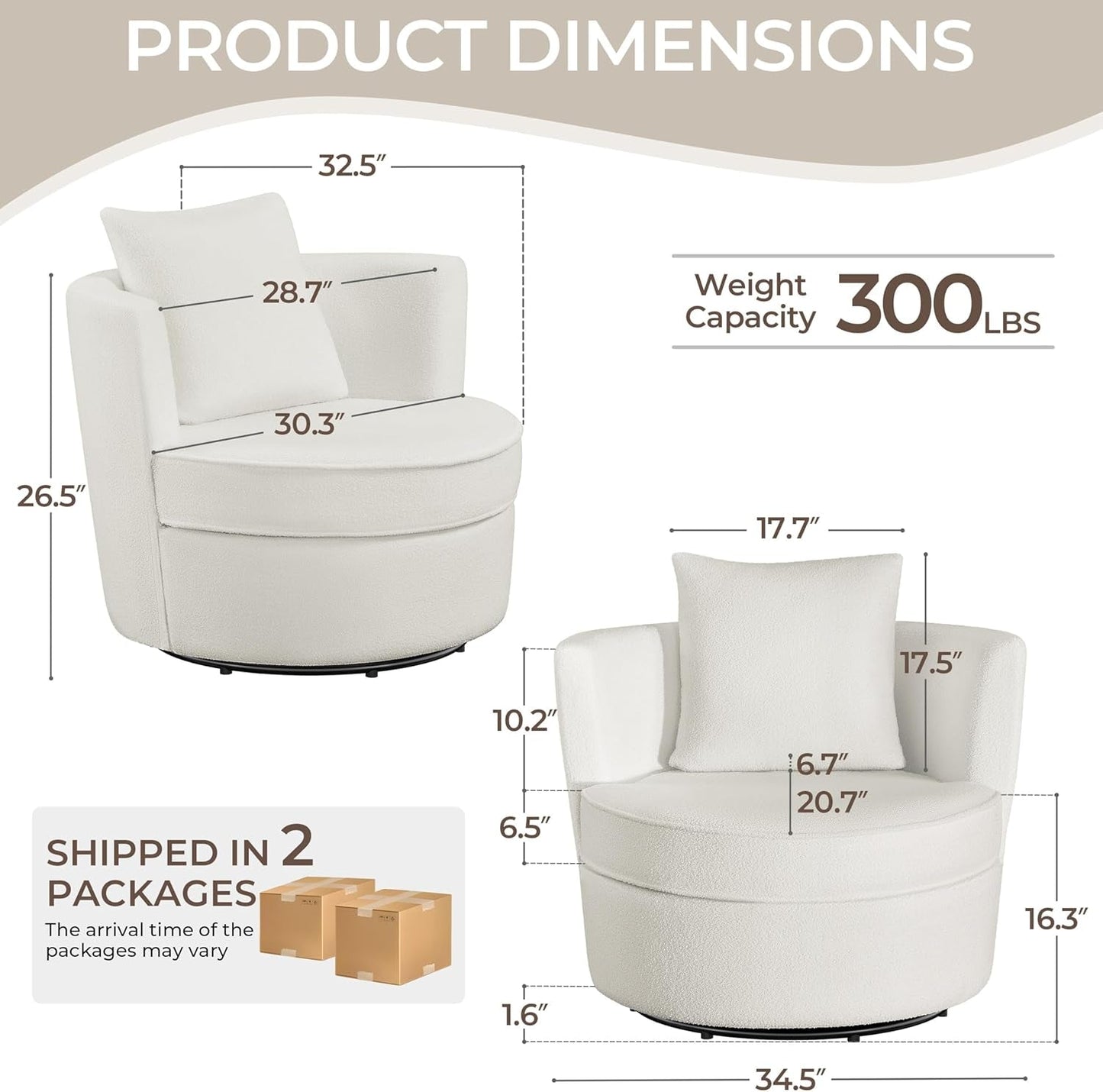 Swivel Barrel Accent Chair, 360 Degree Swivel round Chairs with Removable Throw Pillow, Soft Boucle Single Arm Sofa for Living Room Bedroom Reading, White