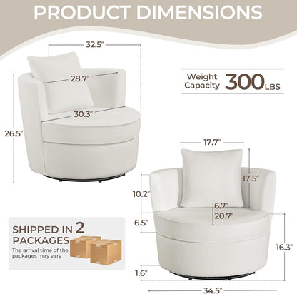Swivel Barrel Accent Chair, 360 Degree Swivel round Chairs with Removable Throw Pillow, Soft Boucle Single Arm Sofa for Living Room Bedroom Reading, White
