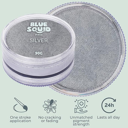 Blue Squid PRO Face Paint - Professional Water Based Single Cake Facepaint & Body Paints - SFX Makeup, Kids Adults Face Painting for Costume, Halloween, Cosplay - Metallic Silver 90g / 3oz