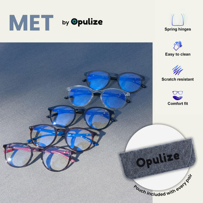 Opulize Met Blue Light Blocking Reading Glasses For Women Men, Slim Round Frame With Scratch Resistant And Spring Hinges, Comput