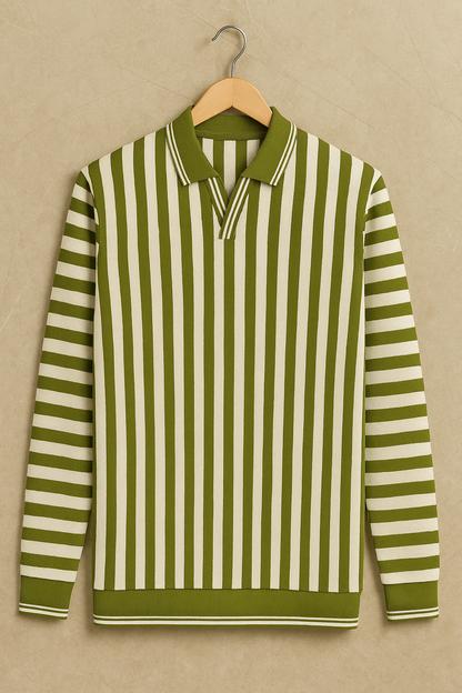 Premium Import Quality Striped Knitted Polo Sweater – Olive Green & Off-White | Winter Casual Wear