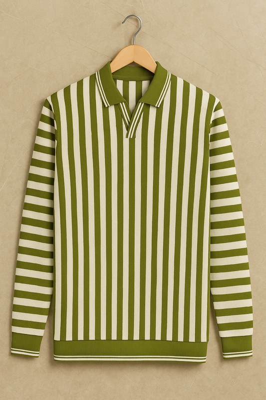 Premium Import Quality Striped Knitted Polo Sweater – Olive Green & Off-White | Winter Casual Wear