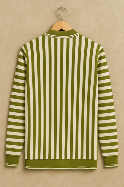 Premium Import Quality Striped Knitted Polo Sweater – Olive Green & Off-White | Winter Casual Wear