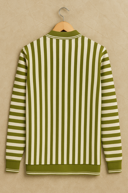 Premium Import Quality Striped Knitted Polo Sweater – Olive Green & Off-White | Winter Casual Wear
