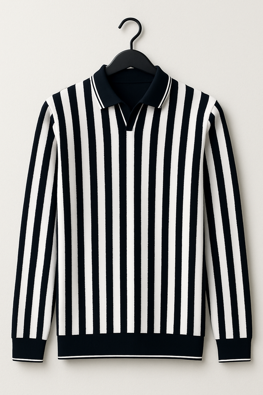 Premium Import Quality Striped Knitted Polo Sweater – Black & White | Winter Fashion Casual Wear