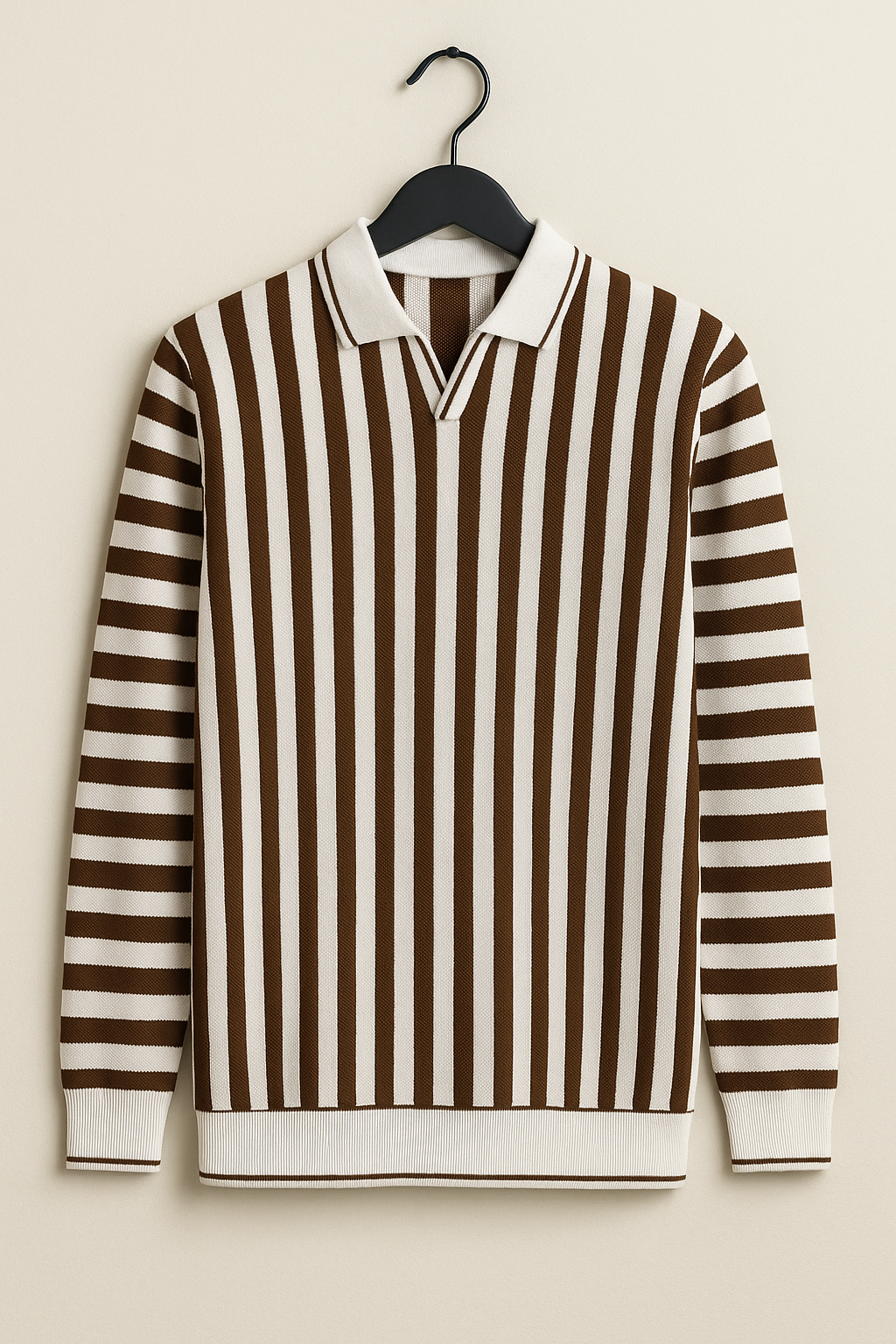 Premium Import Quality Striped Knitted Polo Sweater – Brown & Off-White | Winter Casual Wear