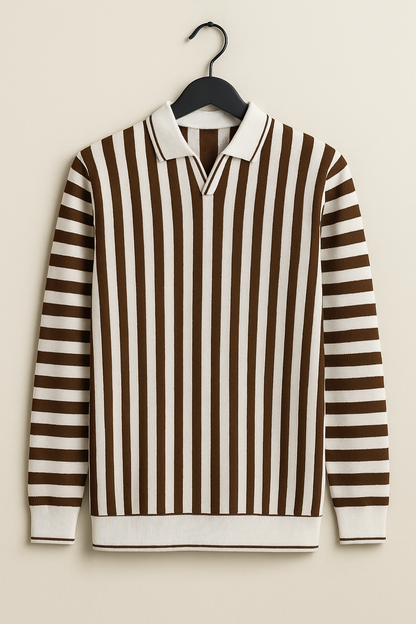 Premium Import Quality Striped Knitted Polo Sweater – Brown & Off-White | Winter Casual Wear