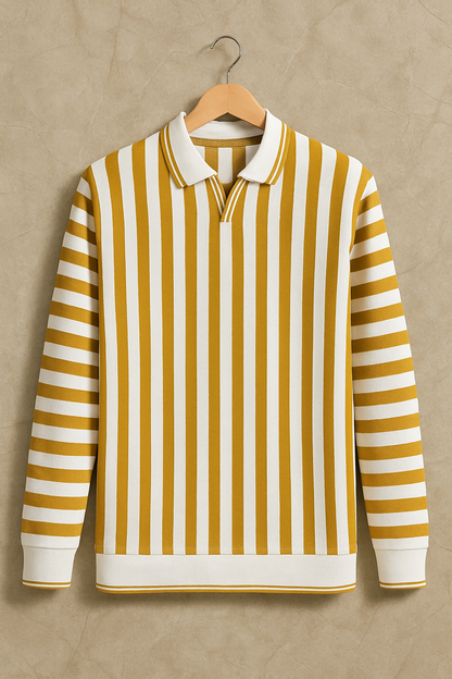 Premium Import Quality Striped Knitted Polo Sweater – Mustard & Off-White | Winter Casual Fashion Wear