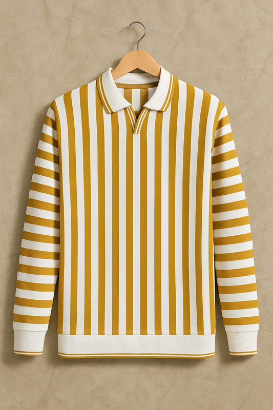 Premium Import Quality Striped Knitted Polo Sweater – Mustard & Off-White | Winter Casual Fashion Wear