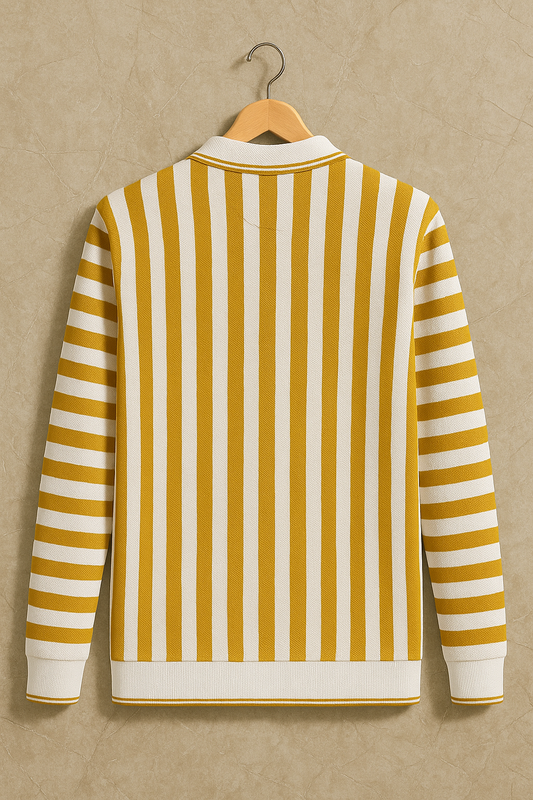 Premium Import Quality Striped Knitted Polo Sweater – Mustard & Off-White | Winter Casual Fashion Wear