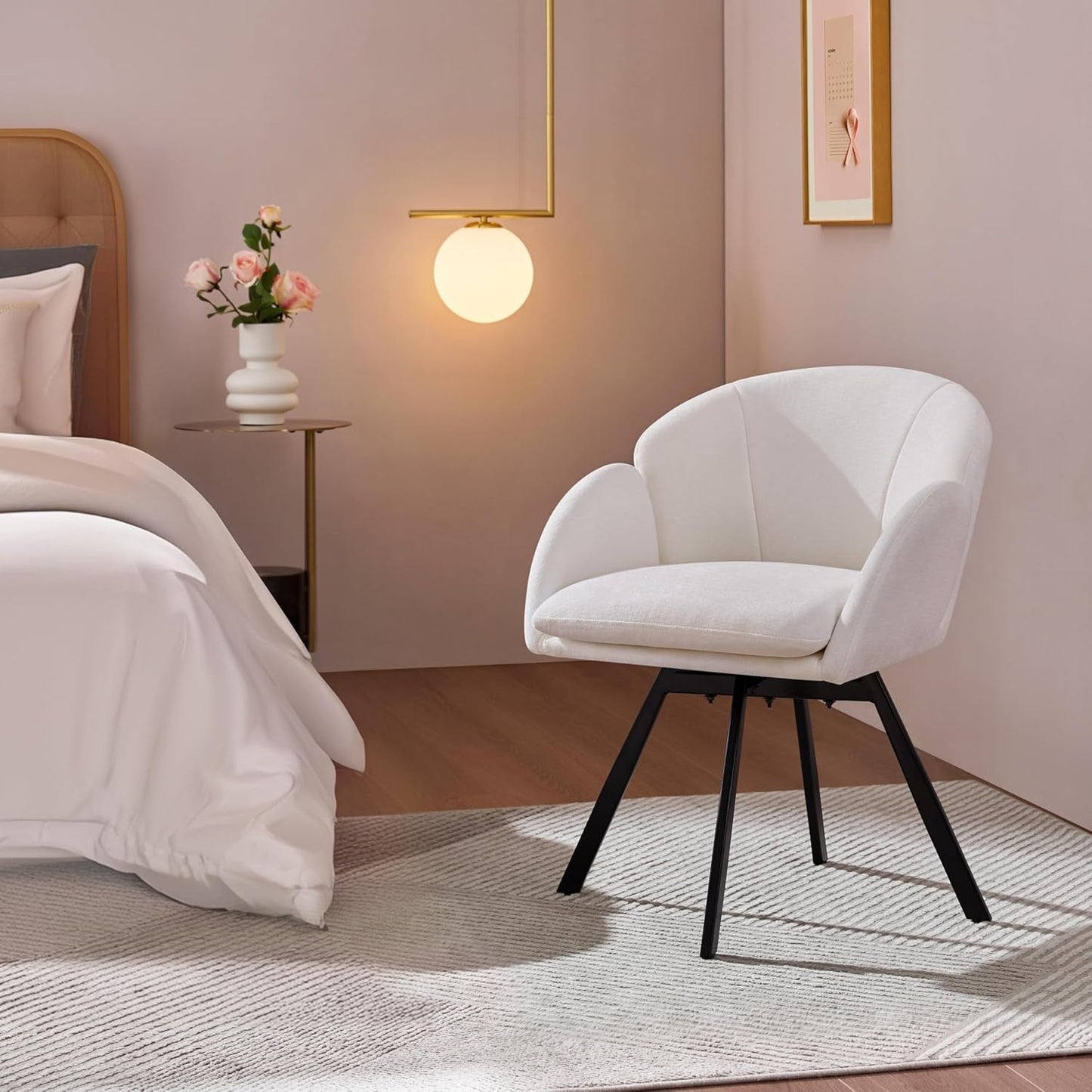 Swivel Accent Chair, Flower Chenille Armchair, Vanity Chair Side Chair with 360-Degree Swivel Base and Seat Cushion for Living Room/Bedroom/Home Office/Makeup, White