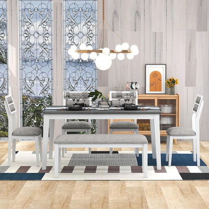 6 Pieces Dining Table Set with Bench, Rectangle Dining Table with 4 Upholstered Chairs & a Bench, Kitchen Table Chairs Set for 6 Persons, Wood Dining Room Set - White+Gray