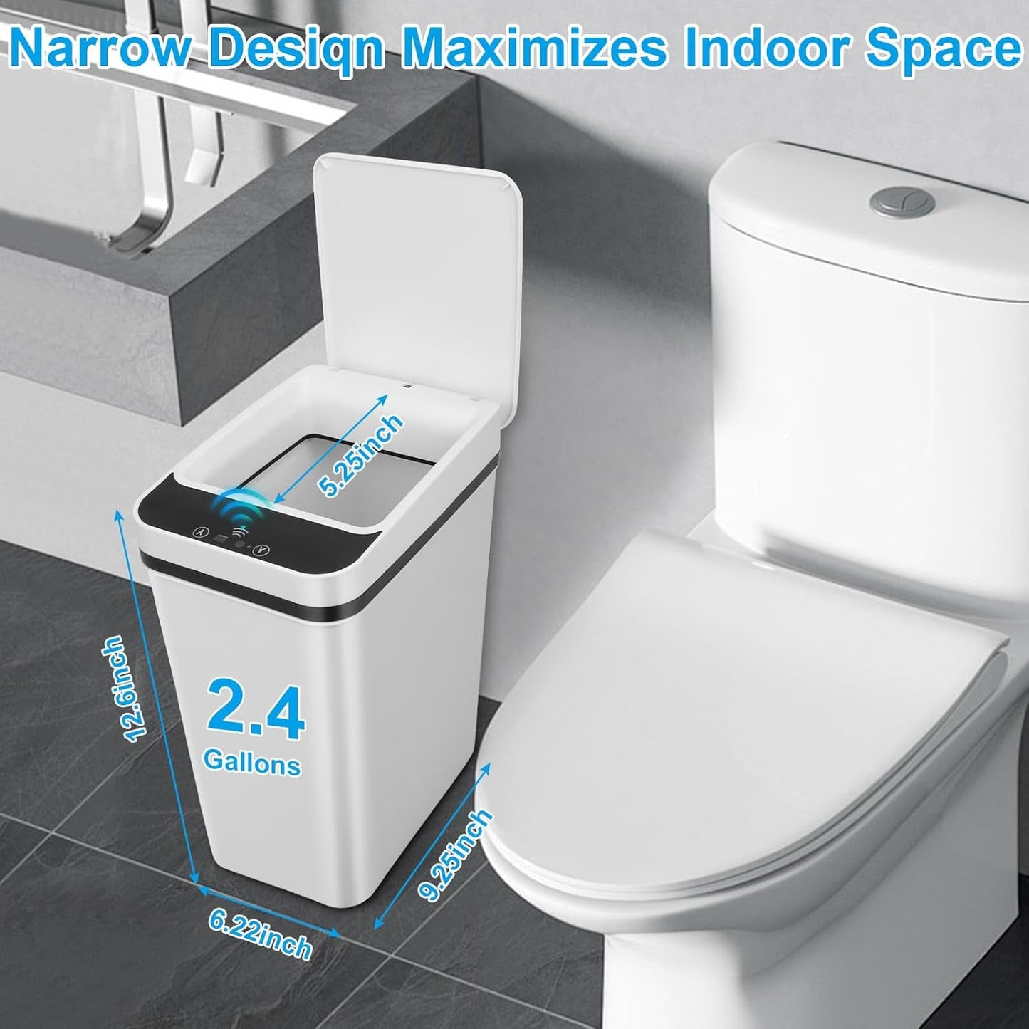 2 Pack Bathroom Trash Can,Smart Touchless Trash Can,Automatic Motion Sensor Trash Bin with Lid,2.4 Gallon Garbage Can, Kitchen, Bathroom, Office, Bedroom Trash Can (White+White)