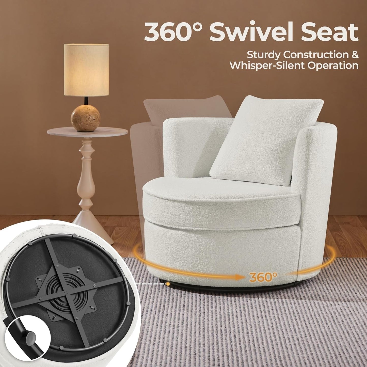 Swivel Barrel Accent Chair, 360 Degree Swivel round Chairs with Removable Throw Pillow, Soft Boucle Single Arm Sofa for Living Room Bedroom Reading, White