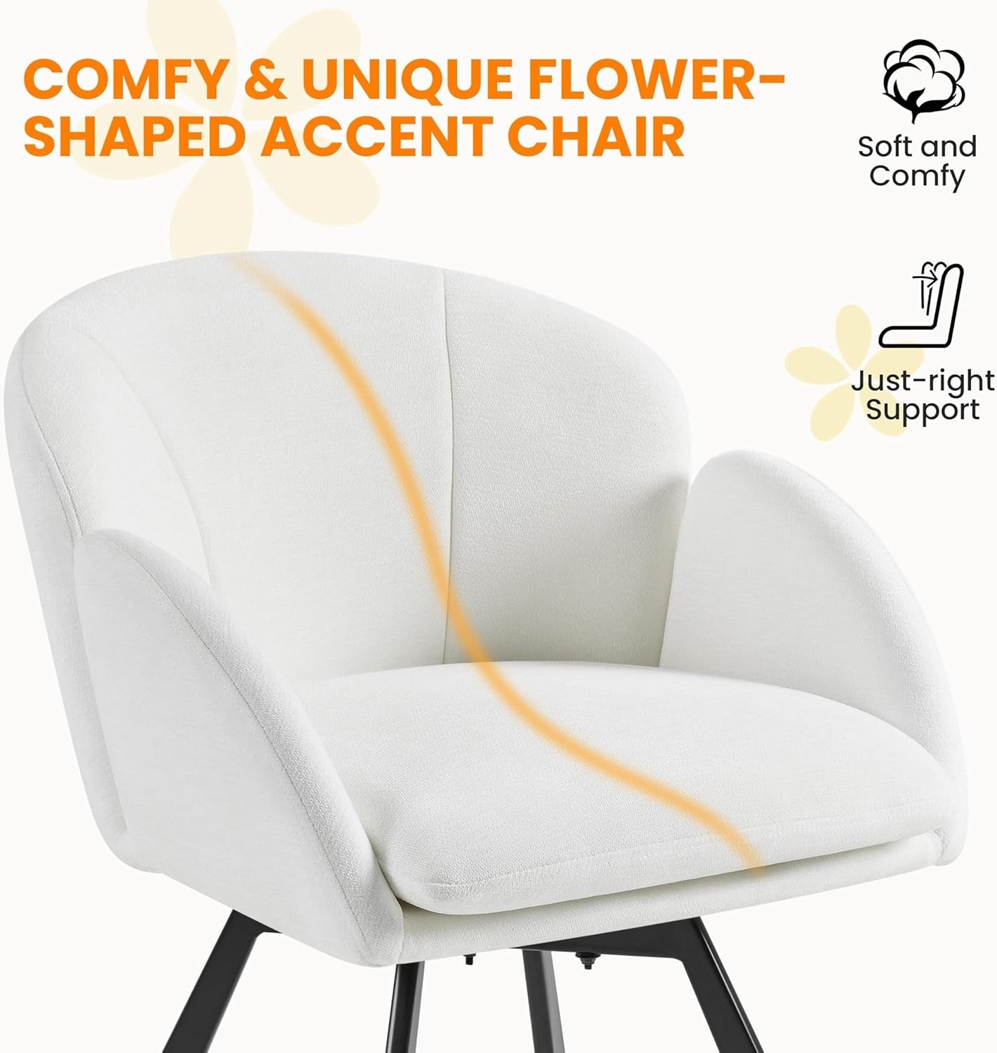 Swivel Accent Chair, Flower Chenille Armchair, Vanity Chair Side Chair with 360-Degree Swivel Base and Seat Cushion for Living Room/Bedroom/Home Office/Makeup, White
