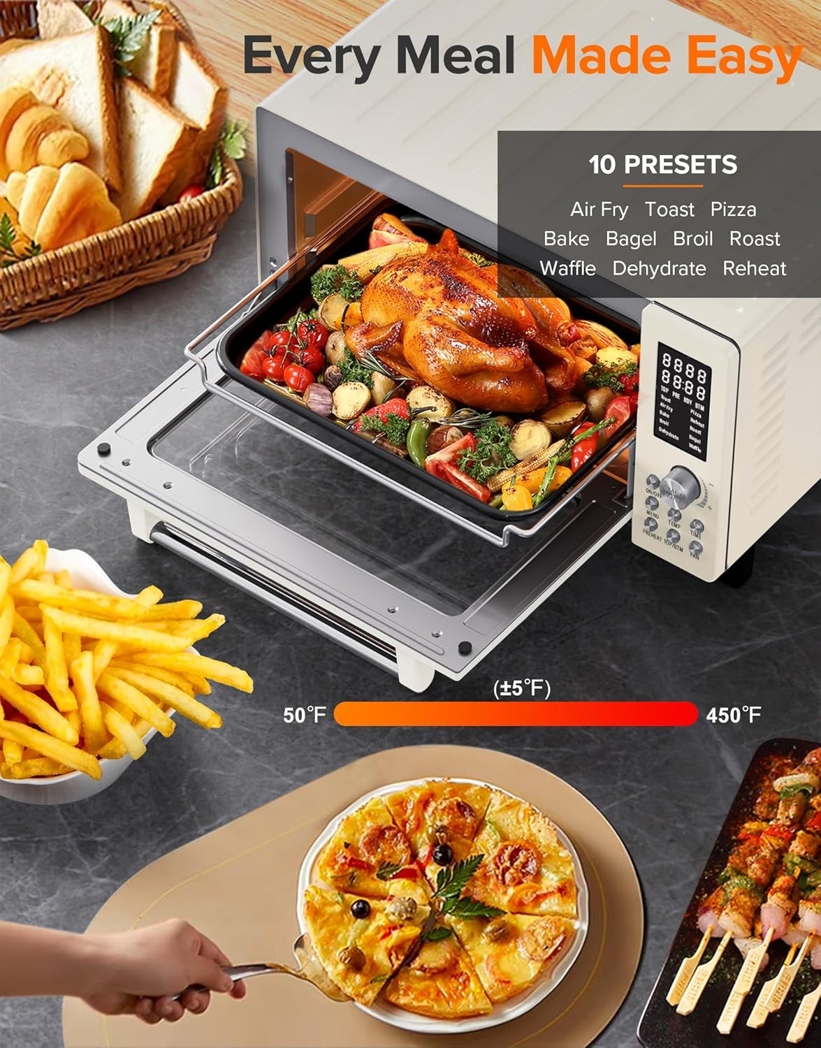 Bravo Pro Smart Air Fryer Toaster Oven Combo, Airfryer Convection Oven Countertop, 10-In-1 Functions with Quicker & Even Crisp Technology, 1800W, 50-450°F, Pfas-Free, 21QT, Vanilla Cream