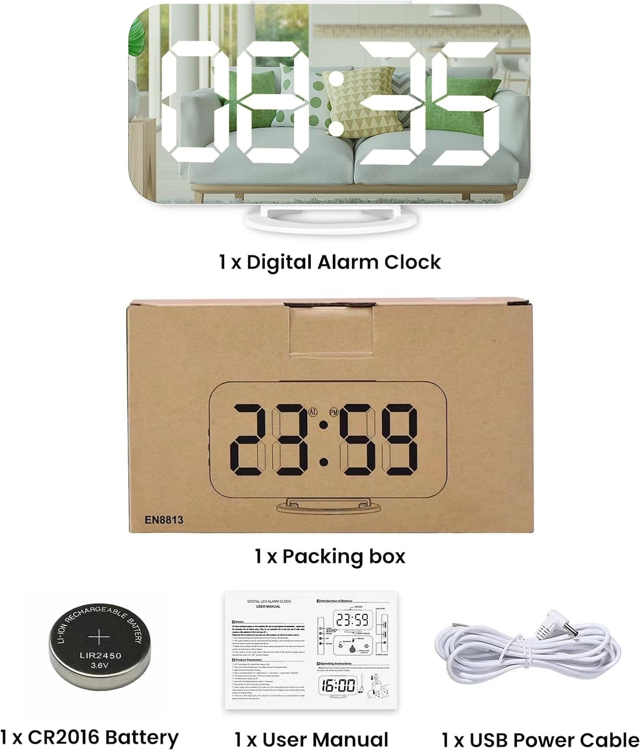 Home Decor - Digital Alarm Clock,Large Display LED and Mirror Desk Clock with Dual USB Charger Ports, 3 Levels Brightness,12/24H Alarm Clocks, Modern Electronic Clock for Bedroom Living Room Office - White