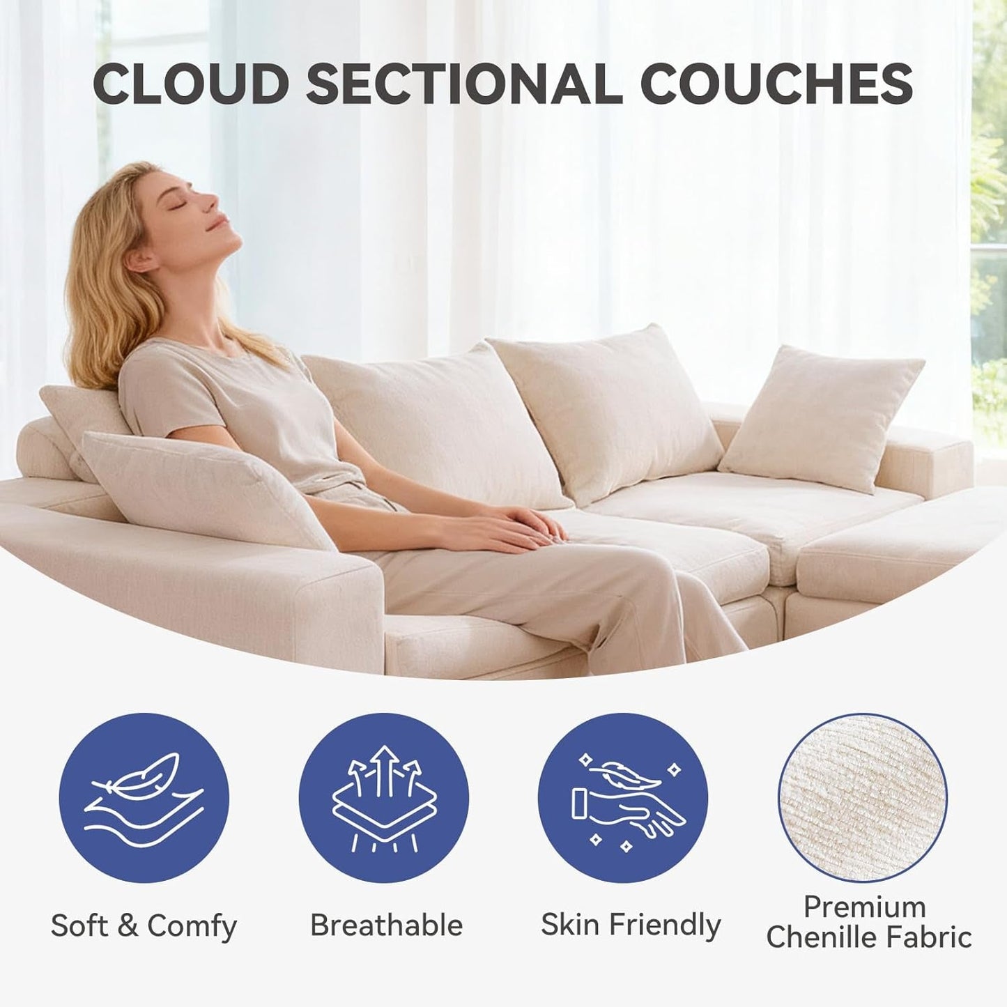 108 Inch Cloud Sectional Couch, Modular Sectional Sofa with Deep Seat, Convertible L-Shape Couch with Ottoman, 3 Seater Cloud Couches for Living Room, No Assembly Required（Warm White）