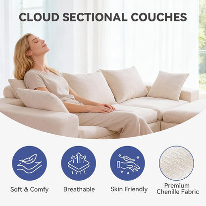 108 Inch Cloud Sectional Couch, Modular Sectional Sofa with Deep Seat, Convertible L-Shape Couch with Ottoman, 3 Seater Cloud Couches for Living Room, No Assembly Required（Warm White）