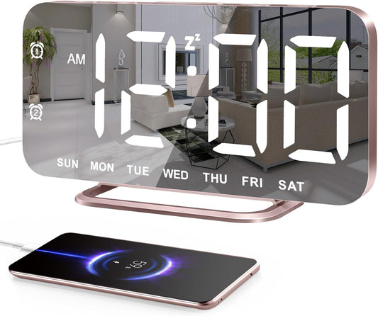 Home Deccor - Slim LED Digital Alarm Clock, Mirror Surface for Makeup, with Diming, Large Display, Easy Setting, USB Ports, Modern Decor for Bedroom, Desk, Christmas, Birthday Idea Gift for Women, Sister, Mom, Pink