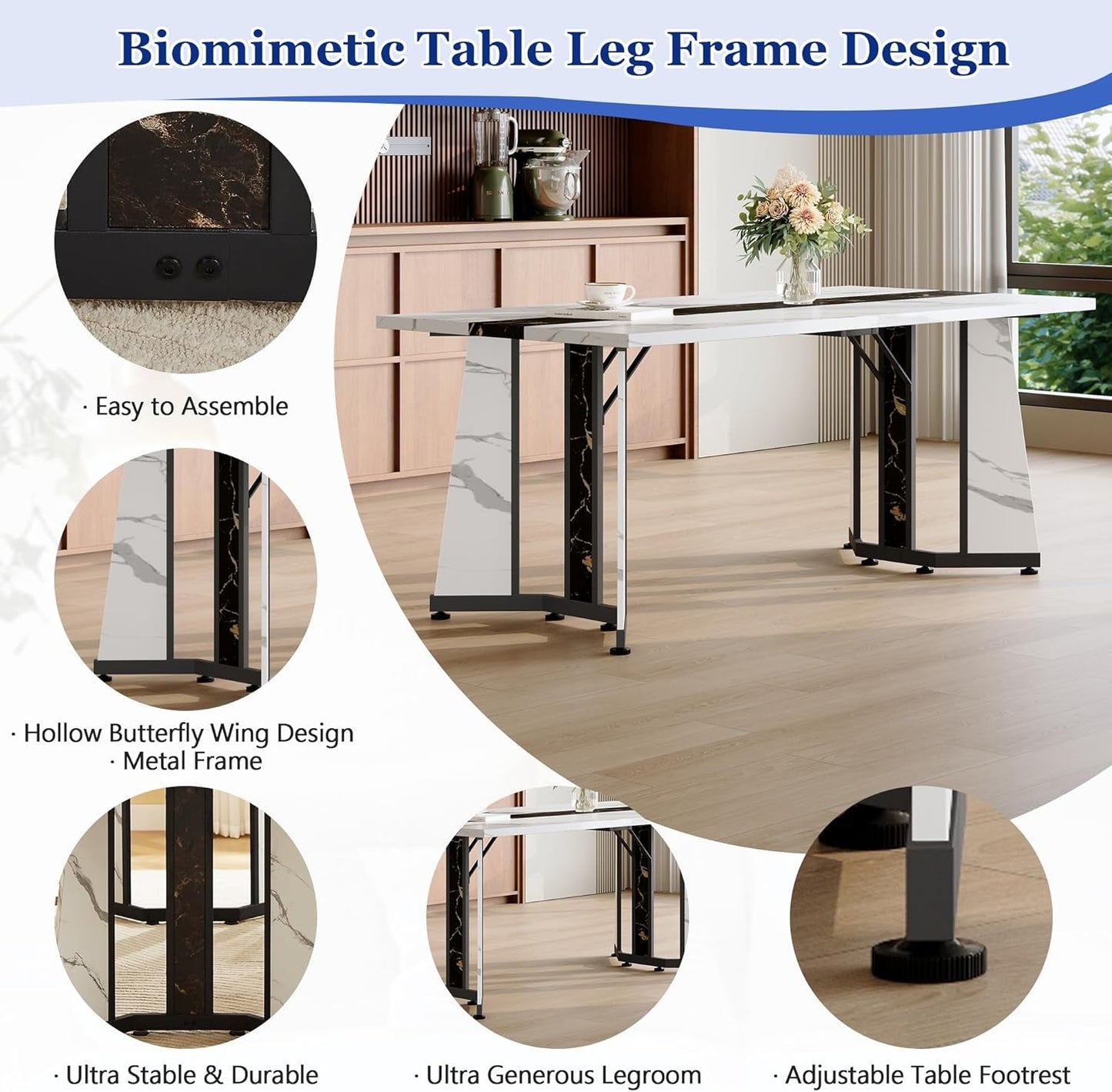 Dining Table Set for 6,White Marble 71'' Dining Room Table with Spacious Legroom and White Leather Dining Chairs,Easy Assembley,7 Pieces Kitchen Table and Chairs for Dining Room,Restaurant