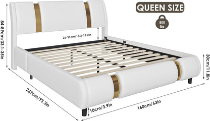Modern Faux Leather Upholstered Platform Bed Frame with Golden Iron Metal Decor, Adjustable Curved Headboard, Wooden Slats Support, No Box Spring Needed, Queen Size, White