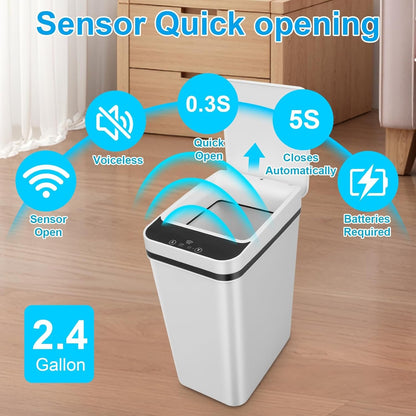 2 Pack Bathroom Trash Can,Smart Touchless Trash Can,Automatic Motion Sensor Trash Bin with Lid,2.4 Gallon Garbage Can, Kitchen, Bathroom, Office, Bedroom Trash Can (White+White)
