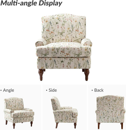 Accent Chair with Solid Legs & Removable Cushion, Floral Comfy Upholstered Armchair, Leisure Single Sofa Chair for Living Room/Bedroom, Spring